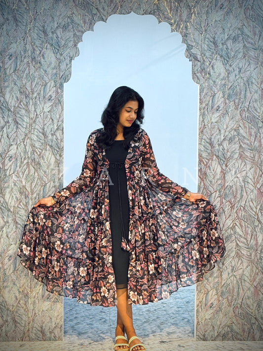 Floral Shrug with Black Maxi Dress