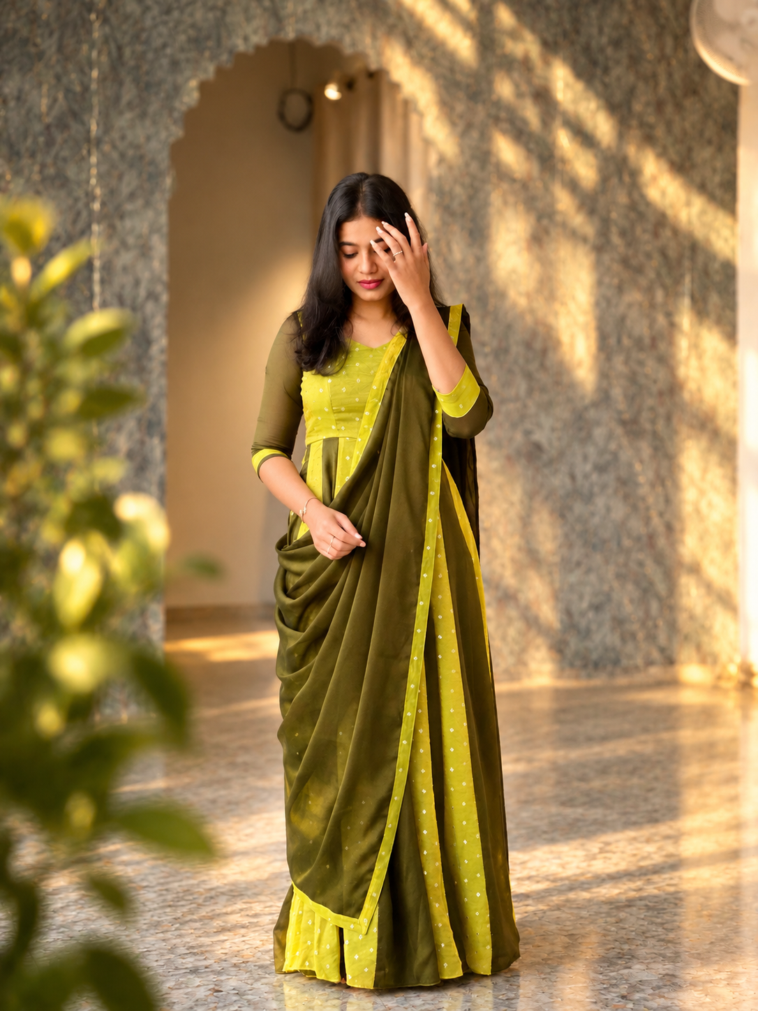Radhima | Olive Green Designer Panel Anarkali with Dupatta