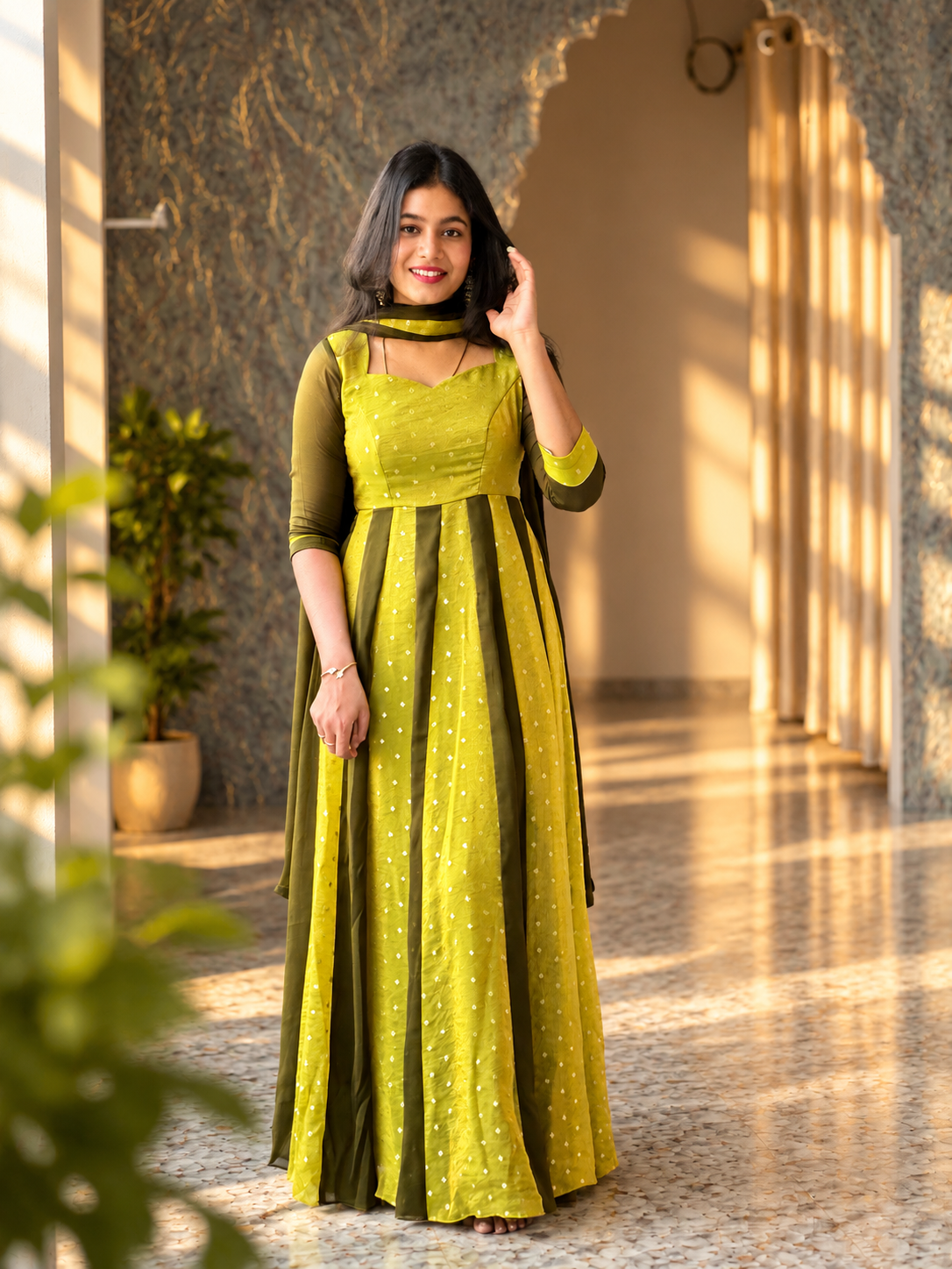 Radhima | Olive Green Designer Panel Anarkali with Dupatta