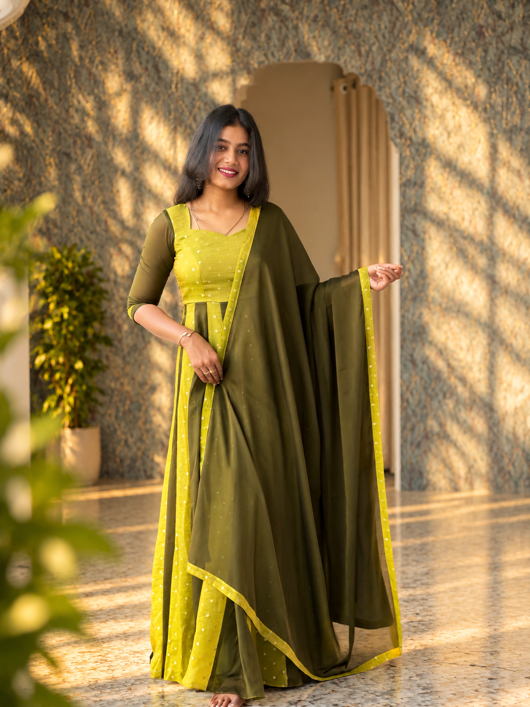 Radhima | Olive Green Designer Panel Anarkali with Dupatta